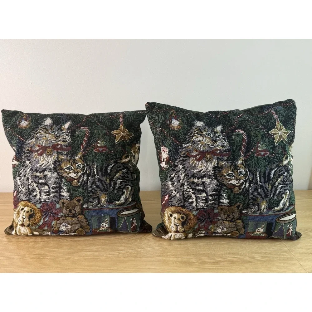 Christmas Cat Tapestry Throw Pillows Pair Woven Holiday Tree Teddy Bear Decor